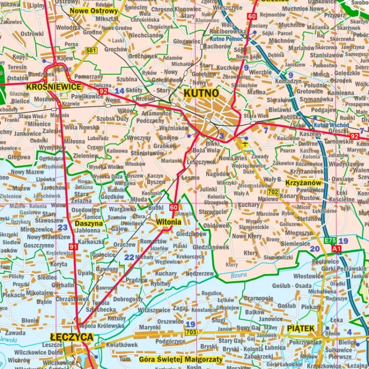 Województwo łódzkie. Mapa ścienna administracyjno-drogowa. Fragment 7