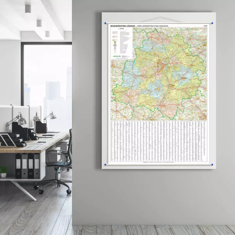 Województwo łódzkie. Mapa ścienna administracyjno-drogowa. Przykład aranżacji