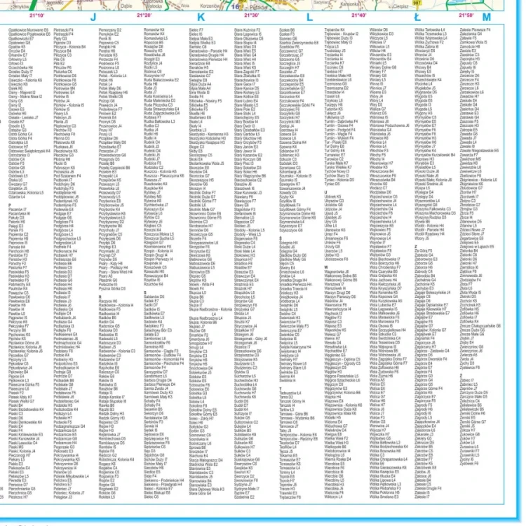 Województwo świętokrzyskie. Mapa ścienna administracyjno-drogowa. Indeks miejscowości - fragment