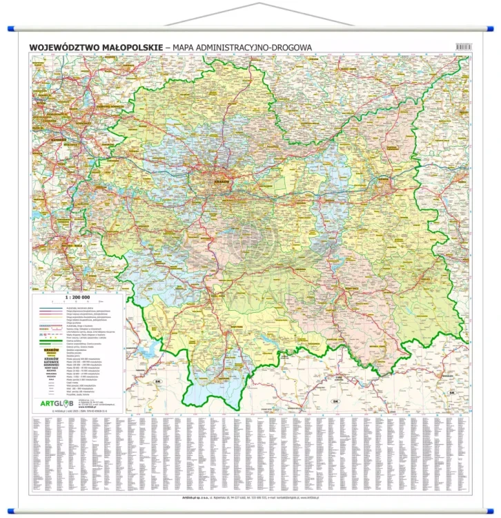 Województwo małopolskie. Mapa ścienna administracyjno-drogowa
