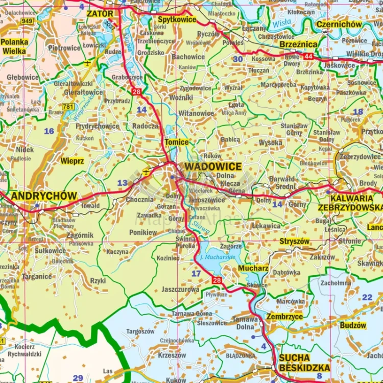 Województwo małopolskie. Mapa ścienna administracyjno-drogowa. Fragment 2