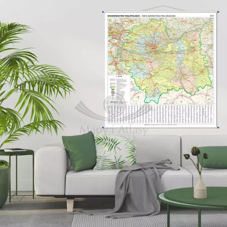 Województwo małopolskie. Mapa ścienna administracyjno-drogowa. Przykład aranżacji