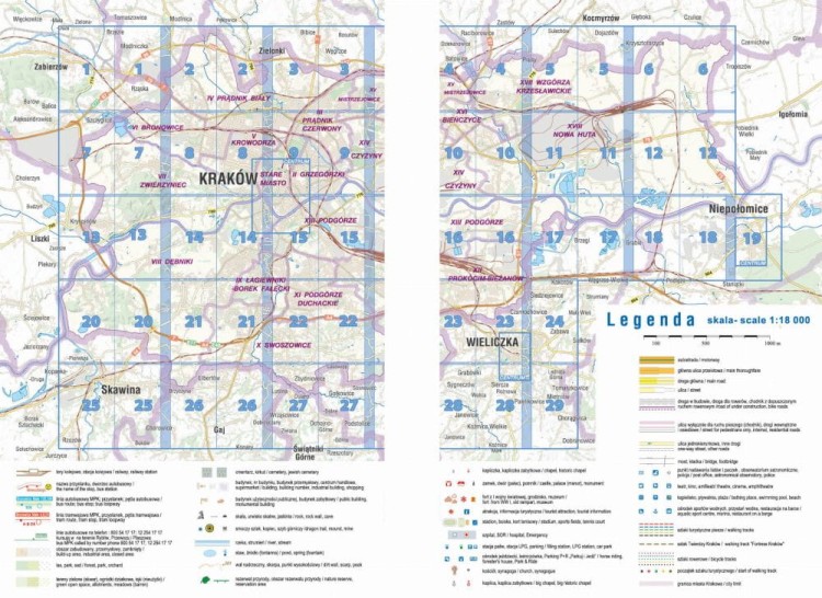Kraków 1:18 000. Atlas samochodowo-turystyczny + Miniprzewodnik wydawnictwa Compass. Skorowidz + legenda