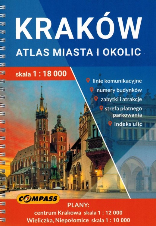 Kraków 1:18 000. Atlas samochodowo-turystyczny + Miniprzewodnik wydawnictwa Compass. Okładka