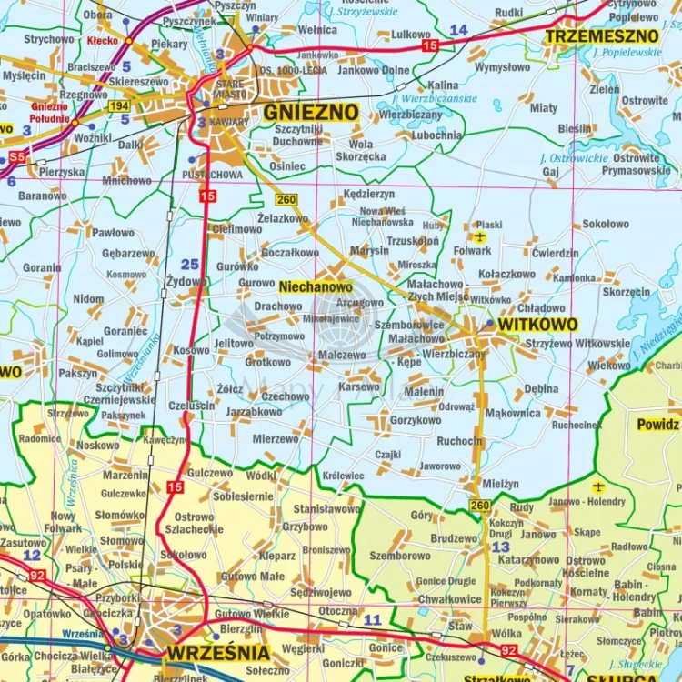 Województwo wielkopolskie. Mapa administracyjno-drogowa. Wersja do wpinania. Fragment 7