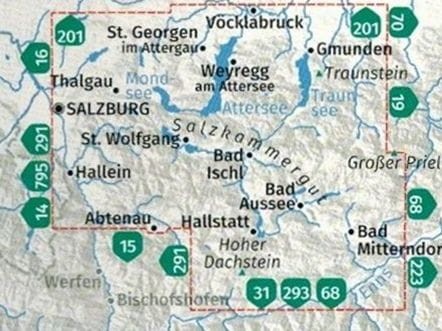 Salzkammergut. Zestaw dwóch map turystycznych 229 wydawnictwa Kompass. Zasięg zestawu