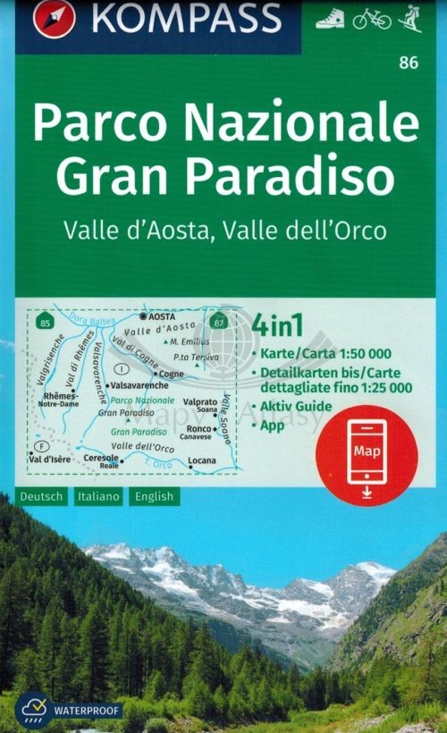 Park Narodowy Gran Paradiso, Dolina Aosty i Orco. Wodoodporna mapa turystyczna 86. Kompass