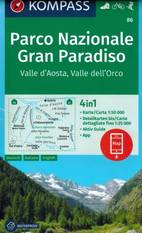 Park Narodowy Gran Paradiso, Dolina Aosty i Orco. Wodoodporna mapa turystyczna 86 wydawnictwa Kompass. Okładka
