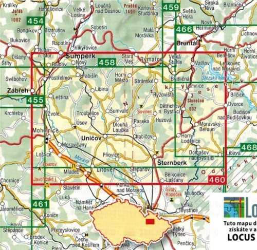 Górne Morawy, Niski Jesionik / Horni Pomoravi, Nizky Jesenik. Mapa turystyczna 460 + Miniprzewodnik wydawnictwa Shocart. Zasięg