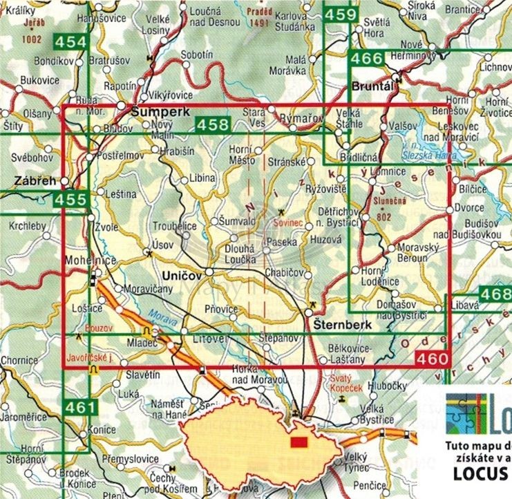 Górne Morawy, Niski Jesionik / Horni Pomoravi, Nizky Jesenik. Mapa turystyczna 460 + Miniprzewodnik wydawnictwa Shocart. Zasięg