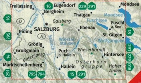Salzburg i okolice 1:25 000. Wodoodporna mapa turystyczna 017 wydawnictwa Kompass. Zasięg