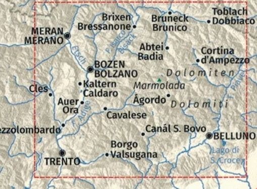 Dolomity 1:150 000. Mapa samochodowo-turystyczna 364 wydawnictwa Kompass. Zasięg