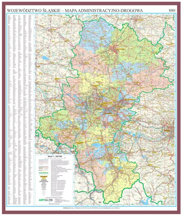 Województwo śląskie. Mapa administracyjno-drogowa w ramie drewnianej
