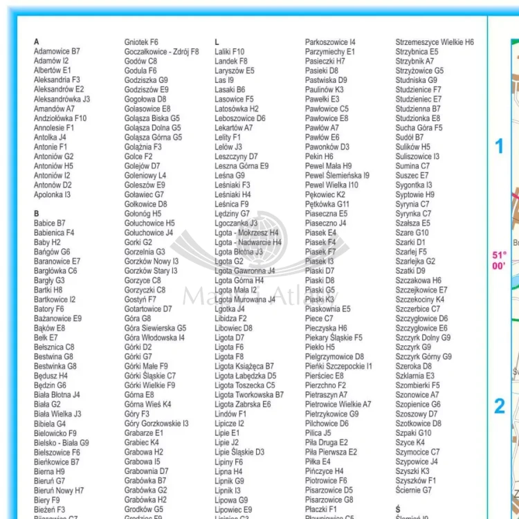Województwo śląskie. Mapa administracyjno-drogowa w ramie drewnianej. Indeks - fragment