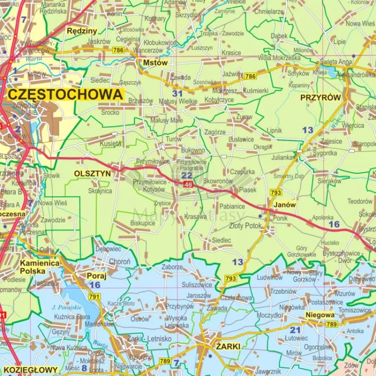 Województwo śląskie. Mapa administracyjno-drogowa. Wersja do wpinania. Fragment 1