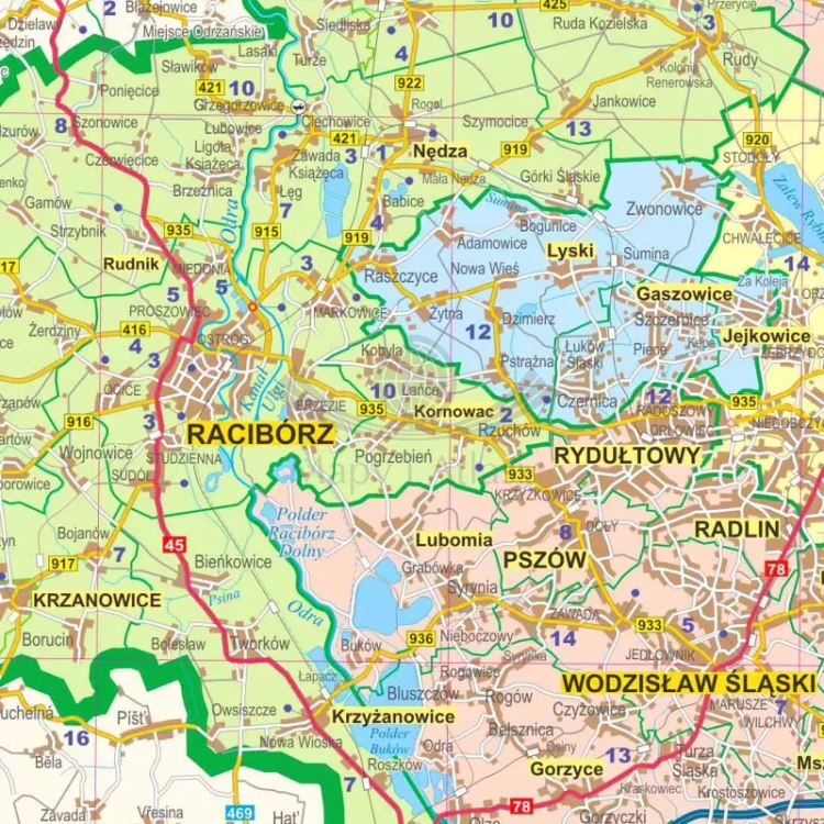 Województwo śląskie. Mapa administracyjno-drogowa. Wersja do wpinania. Fragment 3