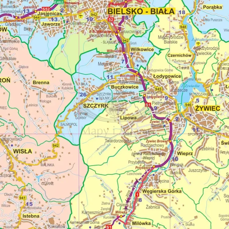 Województwo śląskie. Mapa administracyjno-drogowa. Wersja do wpinania. Fragment 4