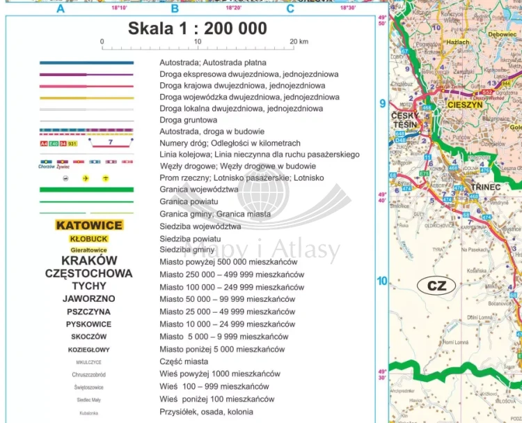 Województwo śląskie. Mapa administracyjno-drogowa. Wersja magnetyczna. Legenda