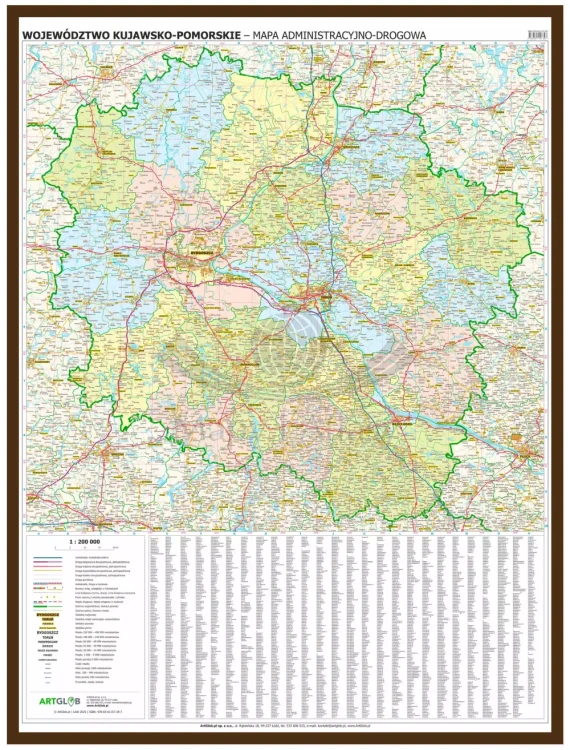 Województwo kujawsko-pomorskie. Mapa administracyjno-drogowa w ramie drewnianej