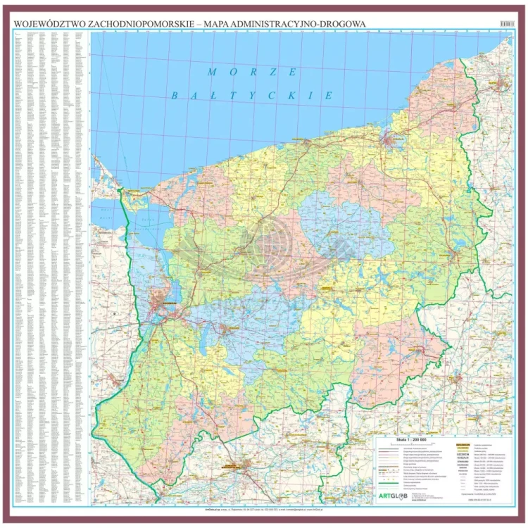 Województwo zachodniopomorskie. Mapa administracyjno-drogowa w ramie drewnianej