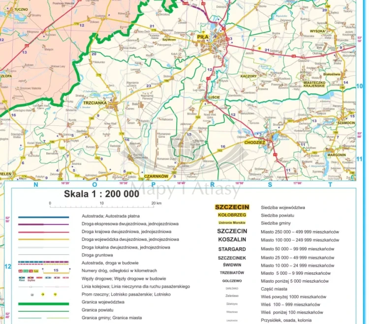 Województwo zachodniopomorskie. Mapa administracyjno-drogowa w ramie drewnianej. Legenda