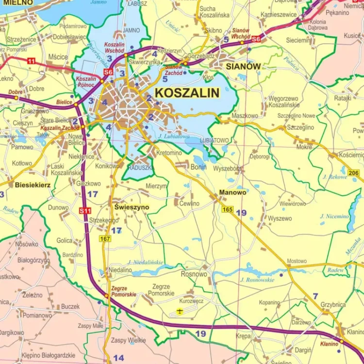 Województwo zachodniopomorskie. Mapa administracyjno-drogowa. Wersja do wpinania. Fragment 3