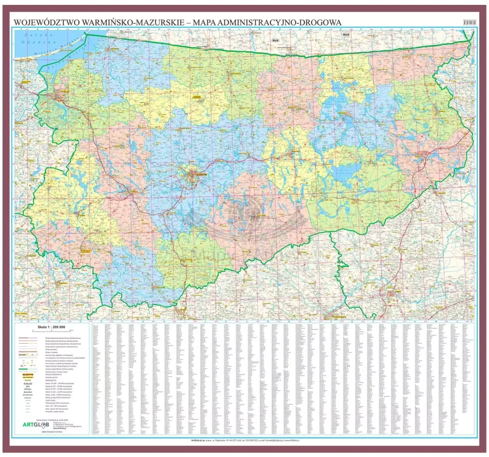 Województwo warmińsko-mazurskie. Mapa administracyjno-drogowa w ramie drewnianej. Wyd. 2025