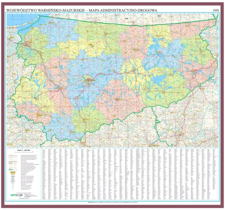 Województwo warmińsko-mazurskie. Mapa administracyjno-drogowa w ramie drewnianej