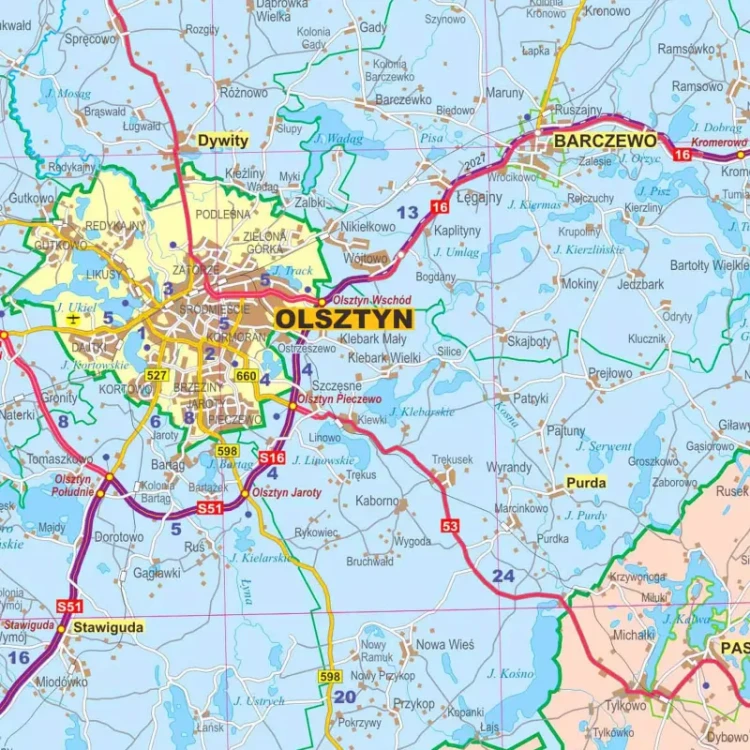 Województwo warmińsko-mazurskie. Mapa administracyjno-drogowa w ramie drewnianej. Fragment 1