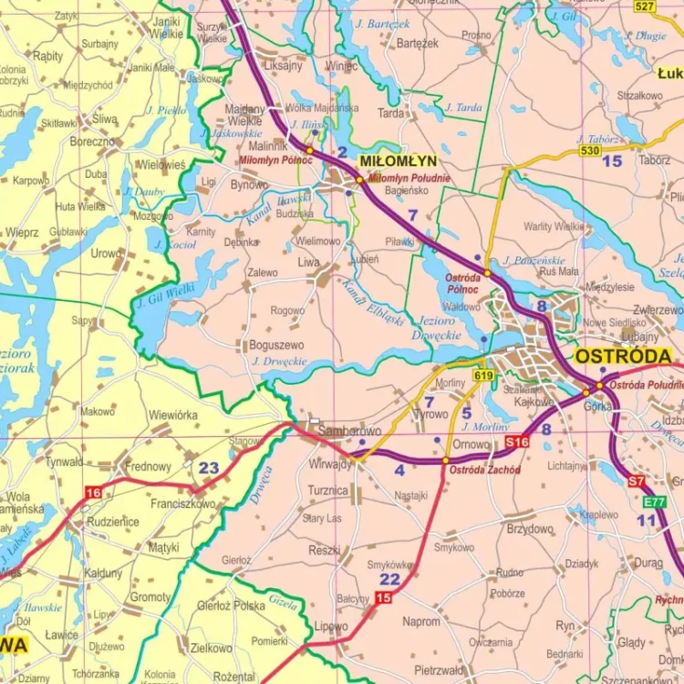 Województwo warmińsko-mazurskie. Mapa administracyjno-drogowa w ramie drewnianej. Fragment 5
