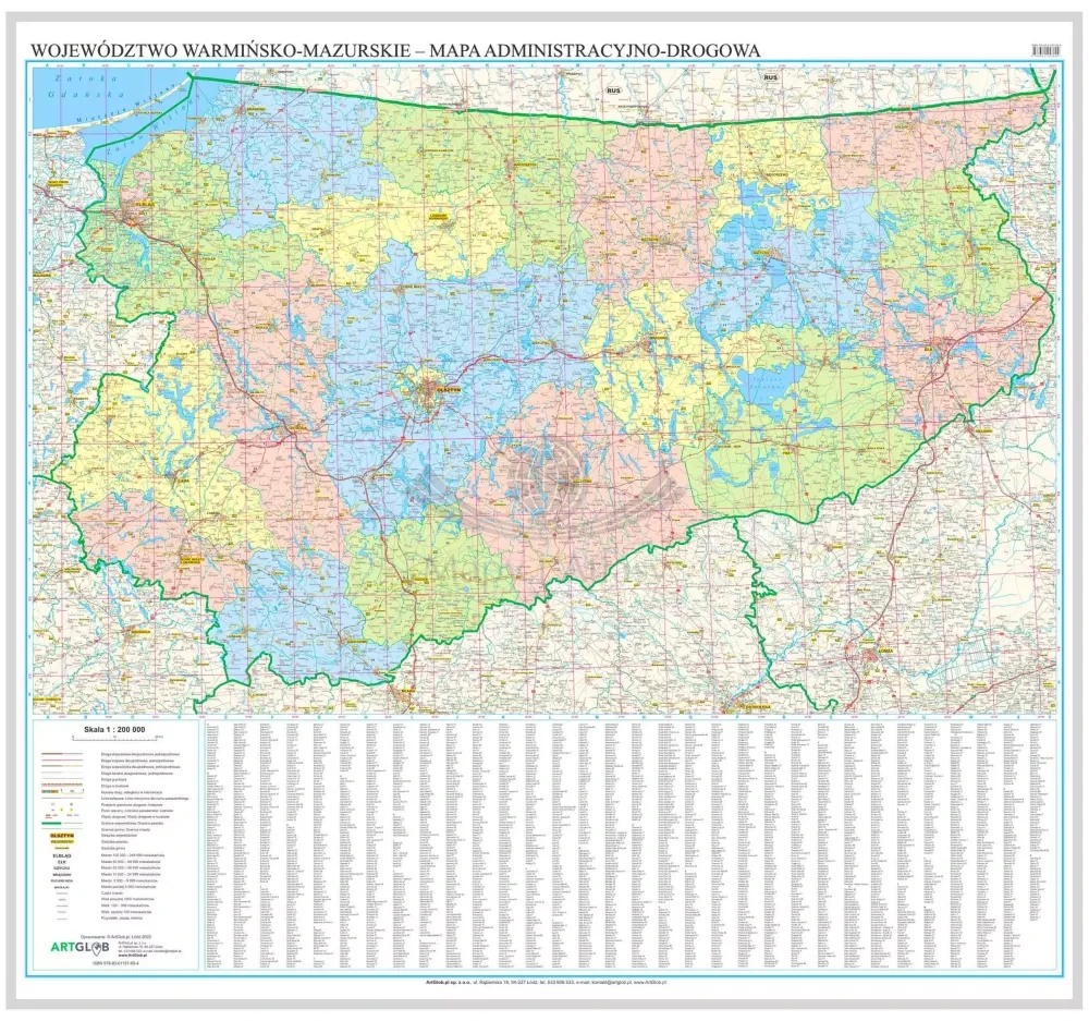 Województwo warmińsko-mazurskie. Mapa administracyjno-drogowa. Wersja do wpinania. Wyd. 2025