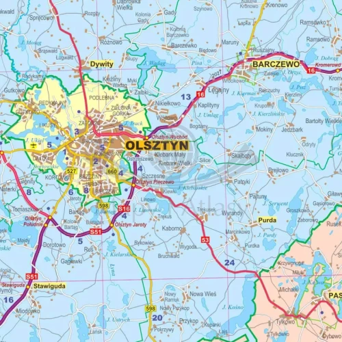 Województwo warmińsko-mazurskie. Mapa administracyjno-drogowa. Wersja do wpinania. Fragment 1