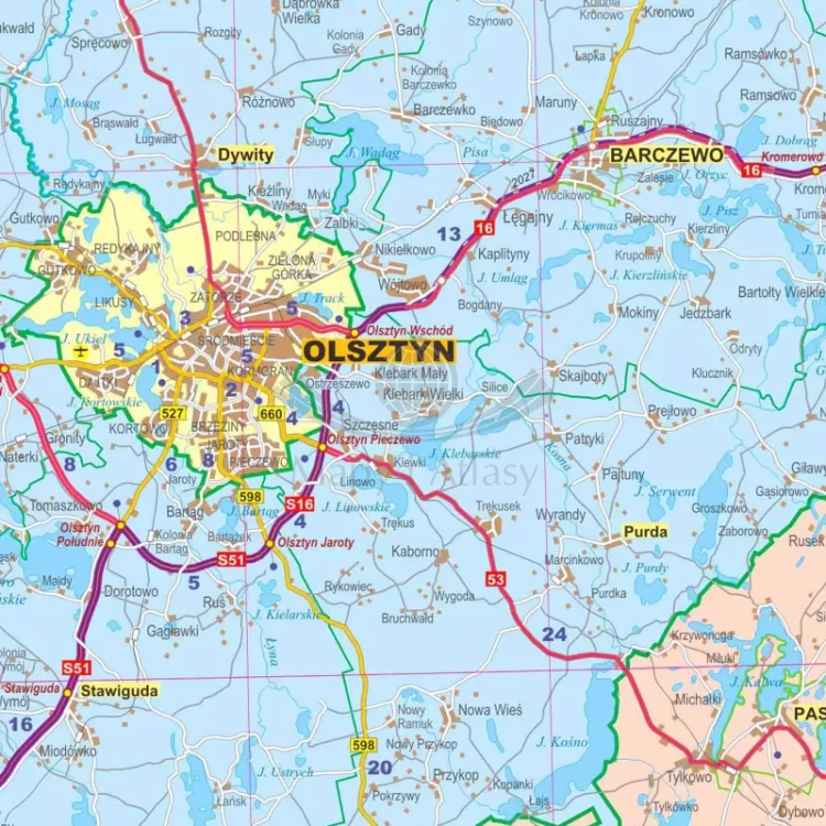 Województwo warmińsko-mazurskie. Mapa administracyjno-drogowa. Wersja do wpinania. Fragment 1