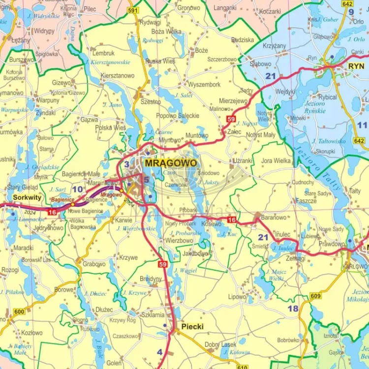 Województwo warmińsko-mazurskie. Mapa administracyjno-drogowa. Wersja do wpinania. Fragment 2
