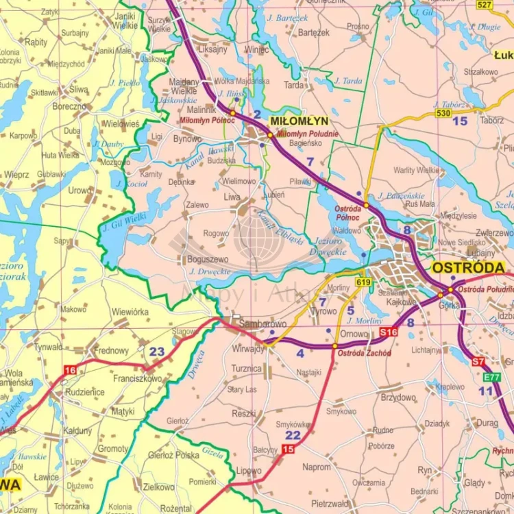 Województwo warmińsko-mazurskie. Mapa administracyjno-drogowa. Wersja do wpinania. Fragment 5