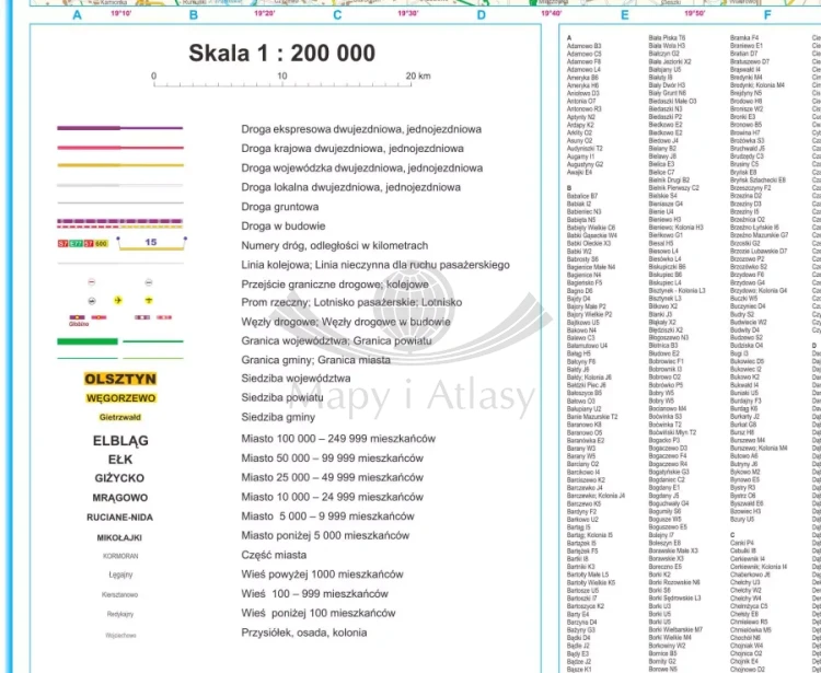 Województwo warmińsko-mazurskie. Mapa administracyjno-drogowa. Wersja do wpinania. Legenda