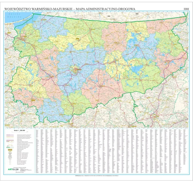 Województwo warmińsko-mazurskie. Arkusz, mapa ścienna administracyjno-drogowa