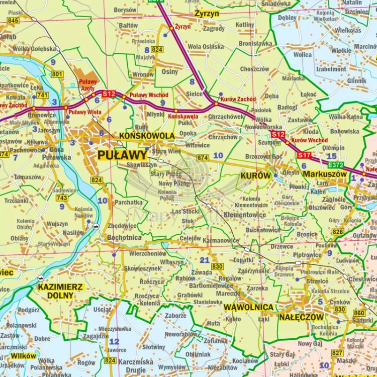 Województwo lubelskie. Mapa administracyjno-drogowa. Wersja do wpinania. Fragment 1