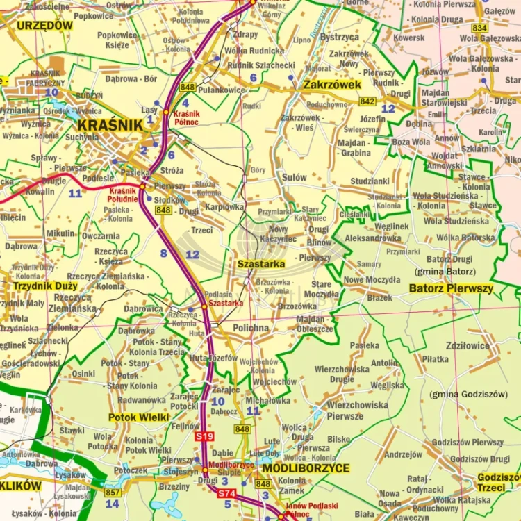 Województwo lubelskie. Mapa administracyjno-drogowa. Wersja do wpinania. Fragment 2