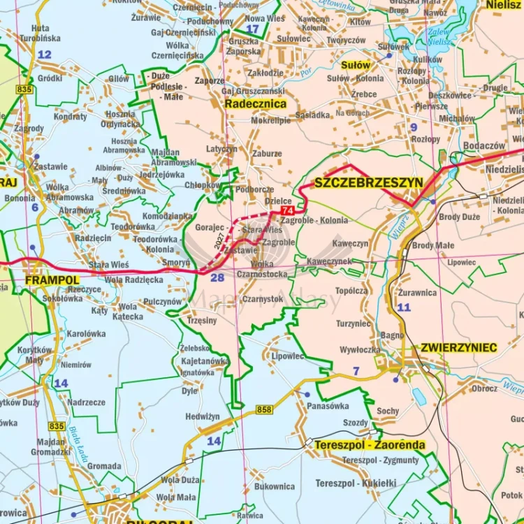 Województwo lubelskie. Mapa administracyjno-drogowa. Wersja do wpinania. Fragment 4