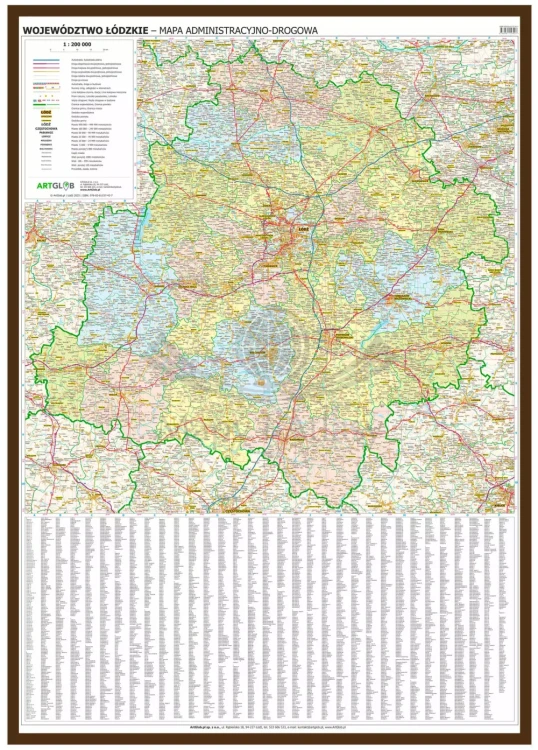 Województwo łódzkie. Mapa administracyjno-drogowa w ramie drewnianej