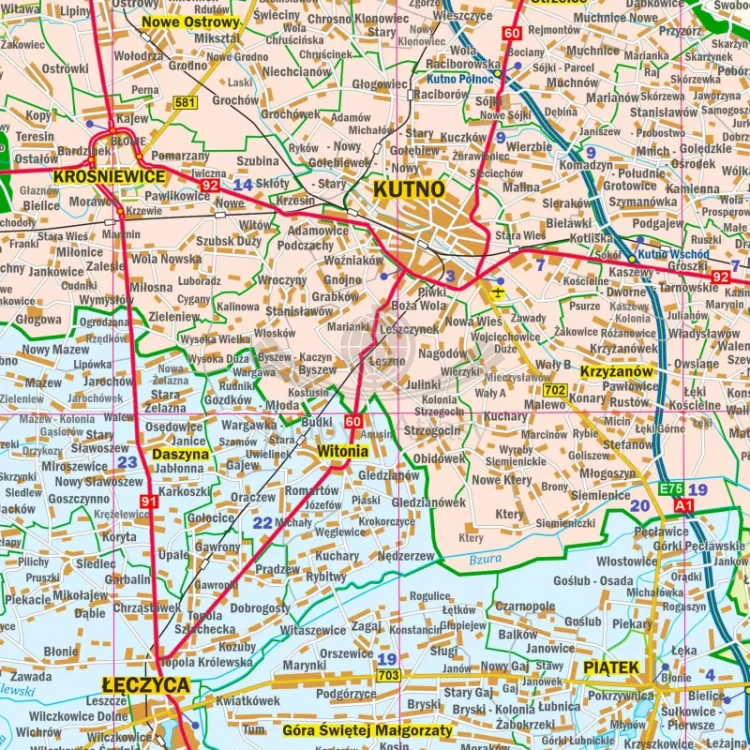 Województwo łódzkie. Mapa administracyjno-drogowa w ramie drewnianej. Fragment 7