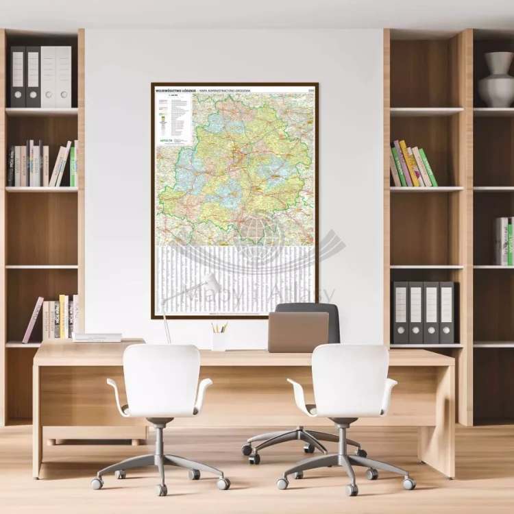 Województwo łódzkie. Mapa administracyjno-drogowa w ramie drewnianej. Przykład aranżacji
