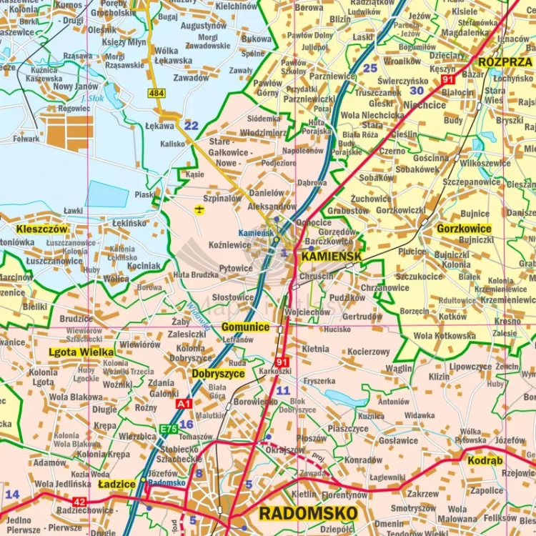 Województwo łódzkie. Arkusz, mapa ścienna administracyjno-drogowa. Fragment 3