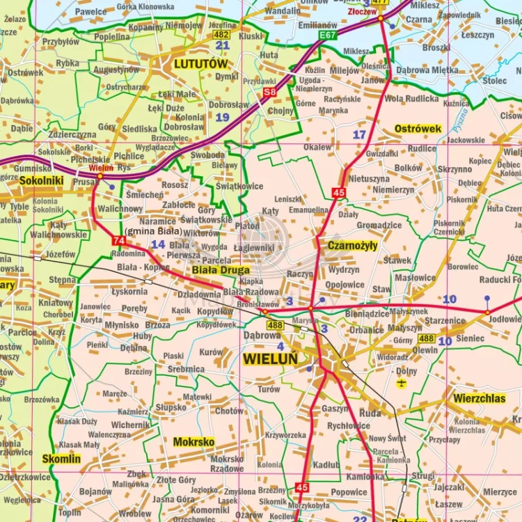 Województwo łódzkie. Arkusz, mapa ścienna administracyjno-drogowa. Fragment 4