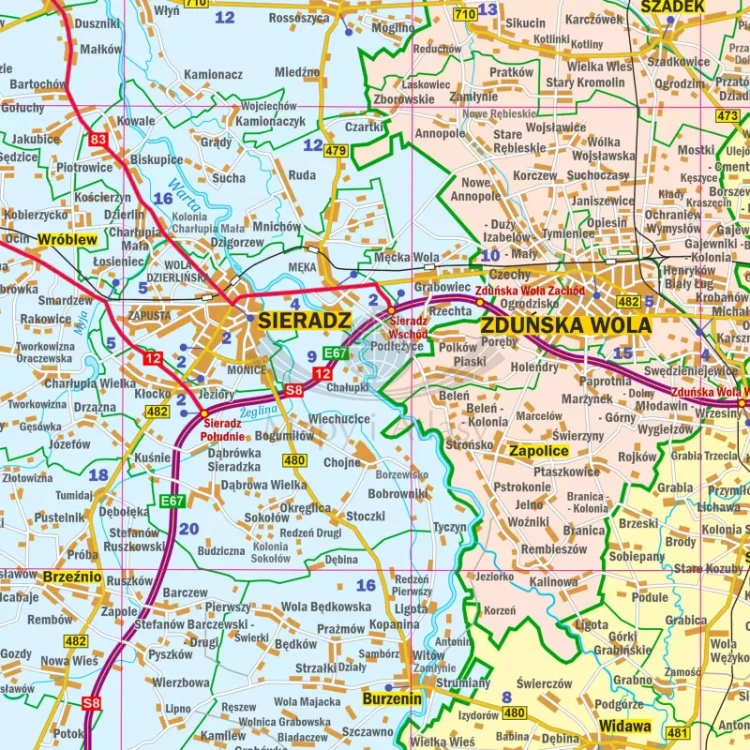 Województwo łódzkie. Arkusz, mapa ścienna administracyjno-drogowa. Fragment 5