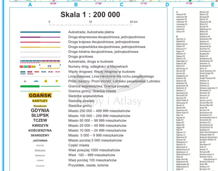 Województwo pomorskie. Mapa administracyjno-drogowa w ramie drewnianej. Legenda