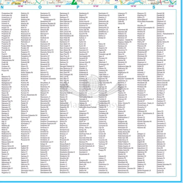 Województwo pomorskie. Mapa administracyjno-drogowa w ramie drewnianej. Indeks - fragment