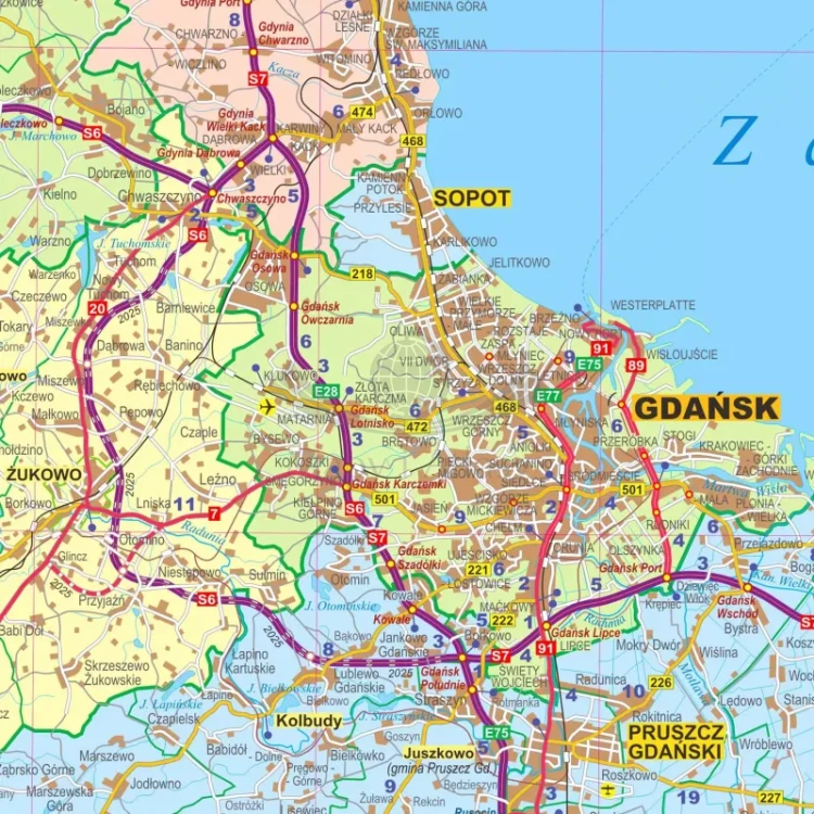 Województwo pomorskie. Arkusz, mapa ścienna administracyjno-drogowa. Fragment 1