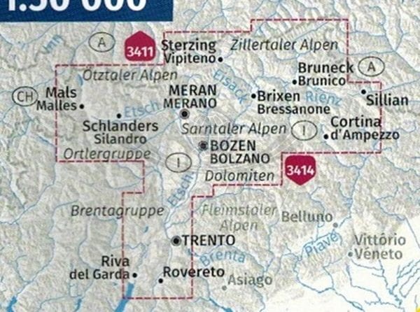 Południowy Tyrol. Górna Adyga. Zestaw czterech map rowerowych 3420 wydawnictwa Kompass. Zasięg zestawu